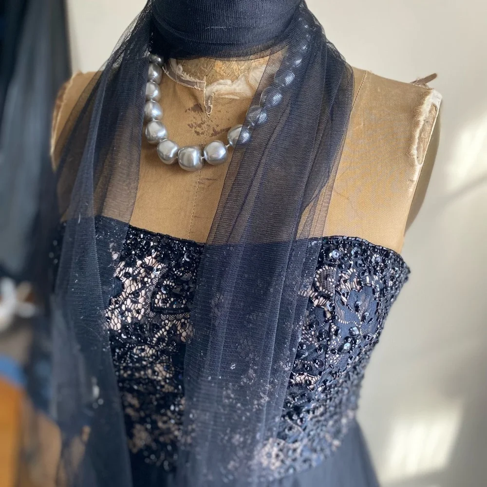 Witchy Goth Black Strapless Beaded Lace Tulle Bridal Gown - Picture 5 of 15
